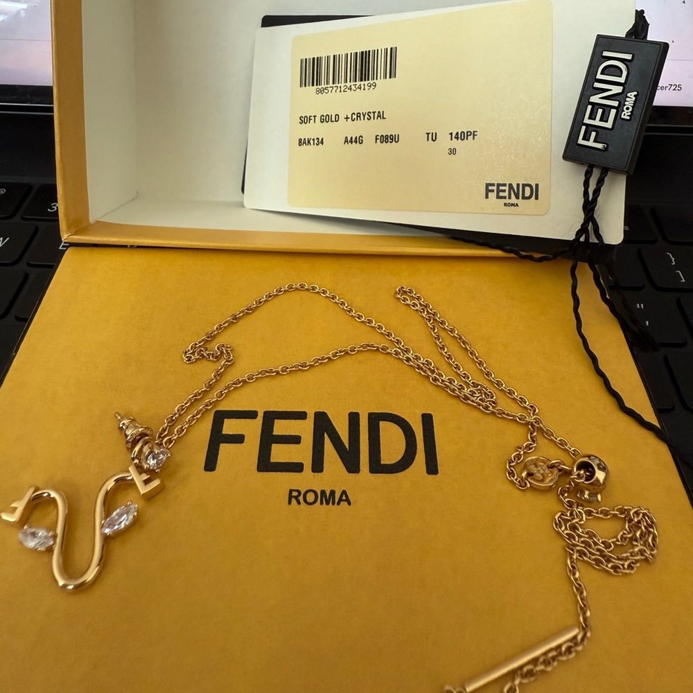 Fendi Gold Necklace with Crystal Accents New